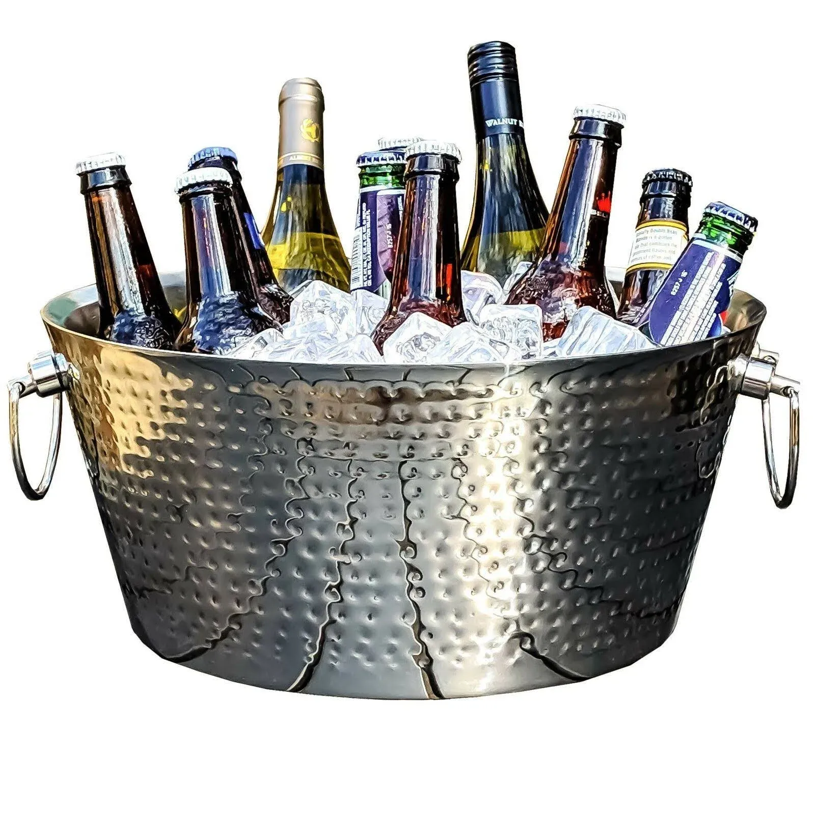 BREKX Rose Copper Hammered Stainless-Steel Beverage Tub, Double-Walled Insulated Anchored Drink Tub & Ice Bucket with Double Hinged Handles, Drink Chiller for Parties, 12 Quarts