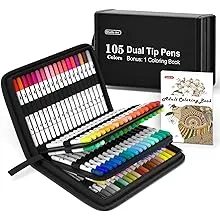 Dual Tip Brush Pens Art Markers, Shuttle Art 105 Colors Fine and Brush Dual Tip Markers Set in Portable Case with 1 Coloring Book for Kids Adult Artist Coloring