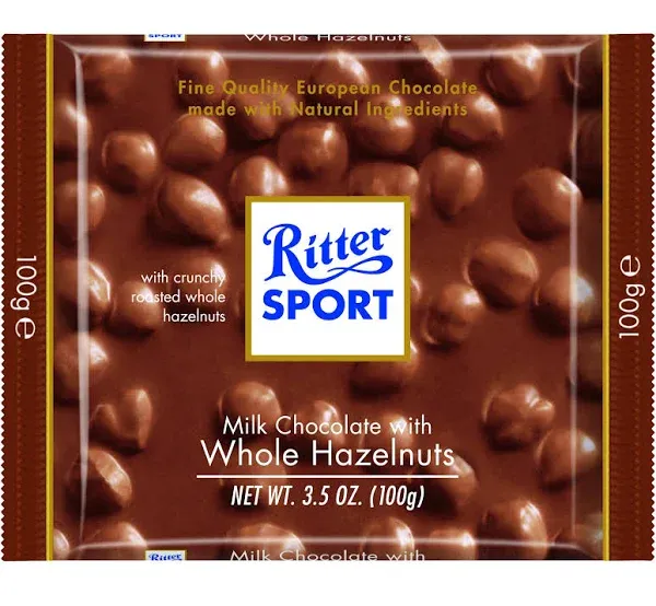 Ritter Sport, Milk Chocolate with Whole Hazelnuts (Pillow Pack), 3.5-Ounce Ba...