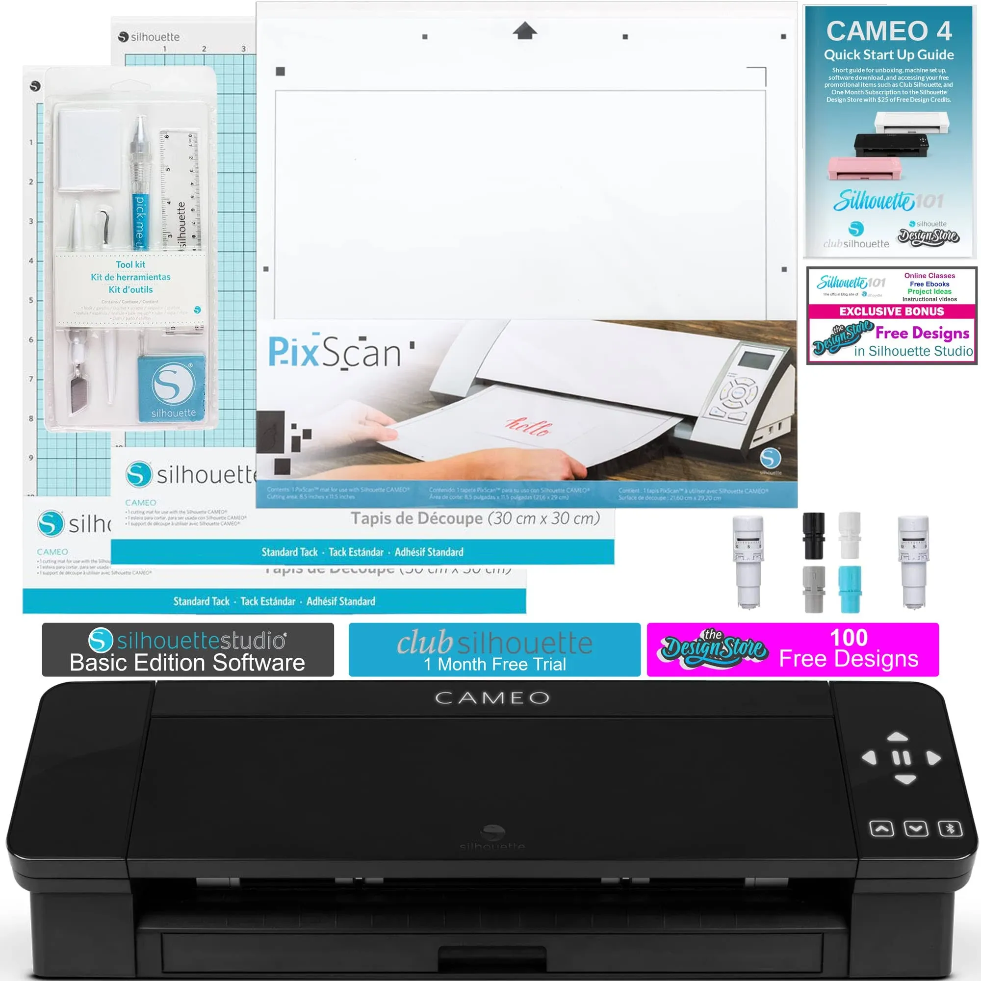 Silhouette Cameo 4 Extras Bundle with Extra AutoBlade, Tool Kit, Cutting mat and PixScan. Silhouette Handbook,10 Extra Designs - Black Edition