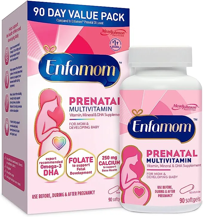 Enfamil Enfamom Prenatal Vitamin & Mineral, Supplement for Women with Calcium, Vitamin D, Vitamin C, Omega 3 DHA, 90 softgels (3 month supply)