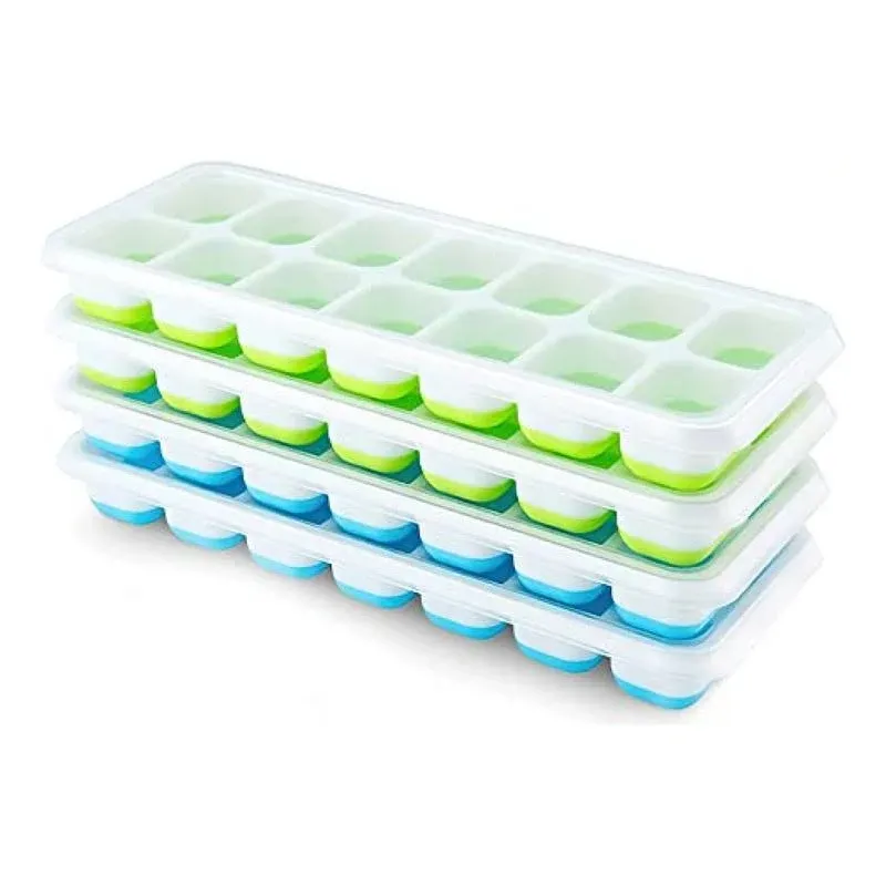 Ice Cube Trays 4 Pack, Airabc Silicone with Removable Lid, Easy-Release Flexible 14-Cube Trays, Lfgb Certified and BPA Free, Stackable Covers for