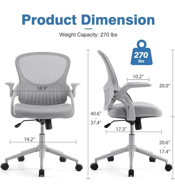 SMUG Home Office Chair Ergonomic Desk Mesh Computer Chair Modern Height Adjustable Swivel Chair with Lumbar Support/Flip-up Arms, Grey