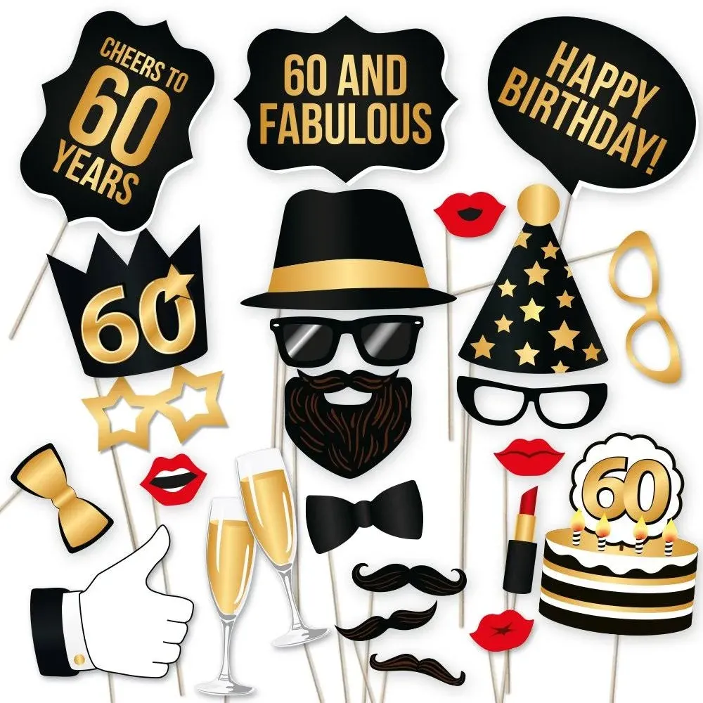 PartyGraphix 60th Birthday Photo Booth Props – Fabulous Sixty Party Decoration Supplies for Him and Her, Funny Sixtieth Bday Photobooth Backdrop Signs