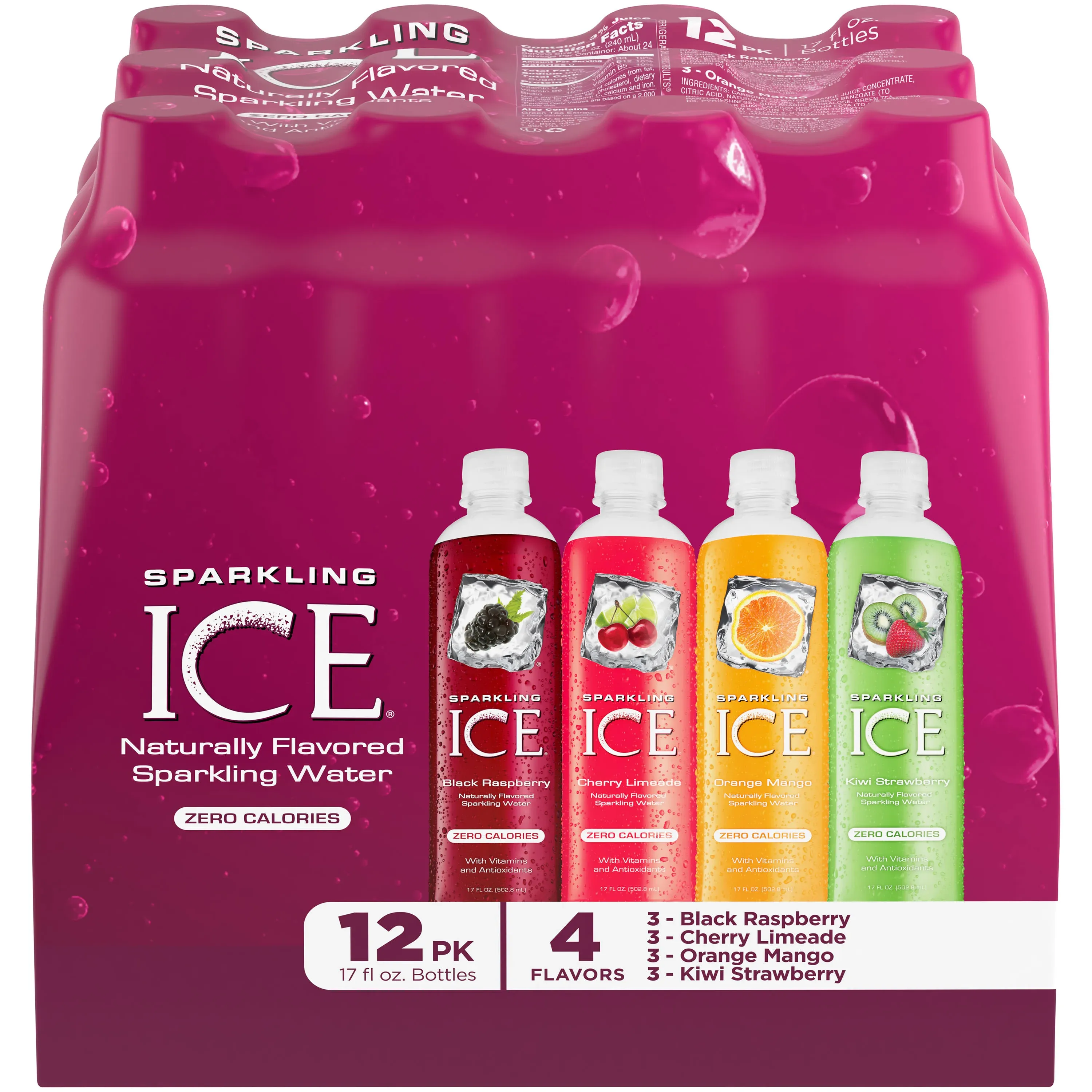 Sparkling Ice Purple Variety Pack, Flavored Sparkling Water, Zero Sugar, with Vitamins and Antioxidants, 17 fl oz, 12 count (Black Raspberry, Cherry Limeade, Orange Mango, Kiwi Strawberry)