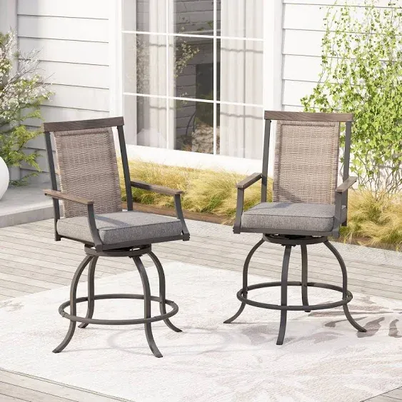 PHI VILLA Outdoor All-Weather Swivel Patio Bar Stools with Arms (Set of 2)