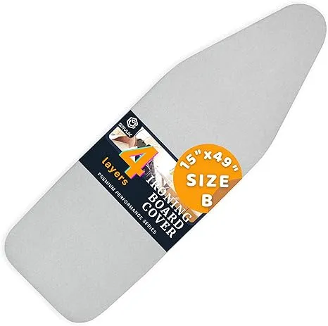 Ironing Board Cover and Pad with Standart Size 15x49, Adjustable Elastic Edge Fit, Extra Thick Padding, Heat Reflective, Non Stick Scorch and Stain Resistant, Easy Installation (Silver)Ironing Board Cover and Pad with Standart Size 15x49, Adjustable Elas