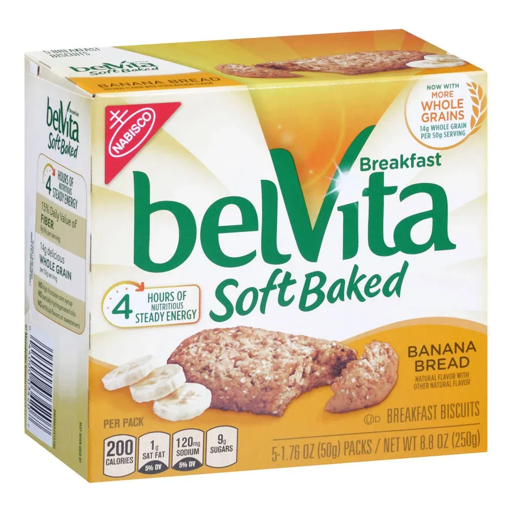 belVita Soft Baked Banana Bread Breakfast Biscuits, 30 Total Packs, 6 Boxes (1 Biscuit Per Pack)