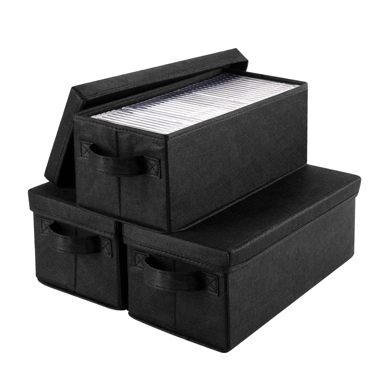 HATTERTOP CD Storage Box Set of 3, DVD Storage Case 14.2 x 6.3 x 5.5 inch CD Case Storage with Lids & Handles to Store Up to 165 Discs for Car