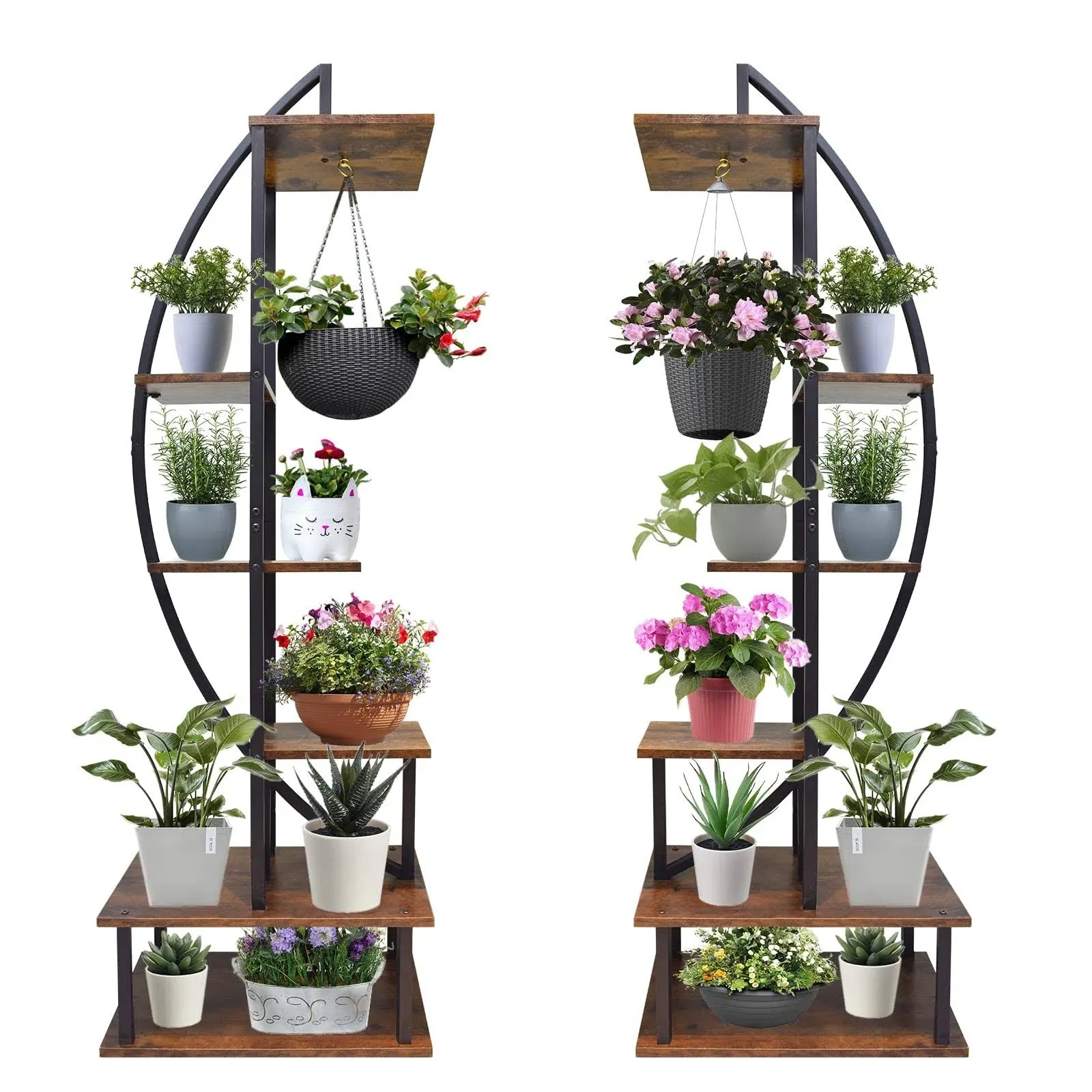 YIFOR 2 PCs 6 Tier Metal Plant Stand, Half Moon Plant Shelf Holder, Indoor Tall Ladder Plant Stand Large Plant Display Stand Rack for Living Room, Balcony, Patio, Garden