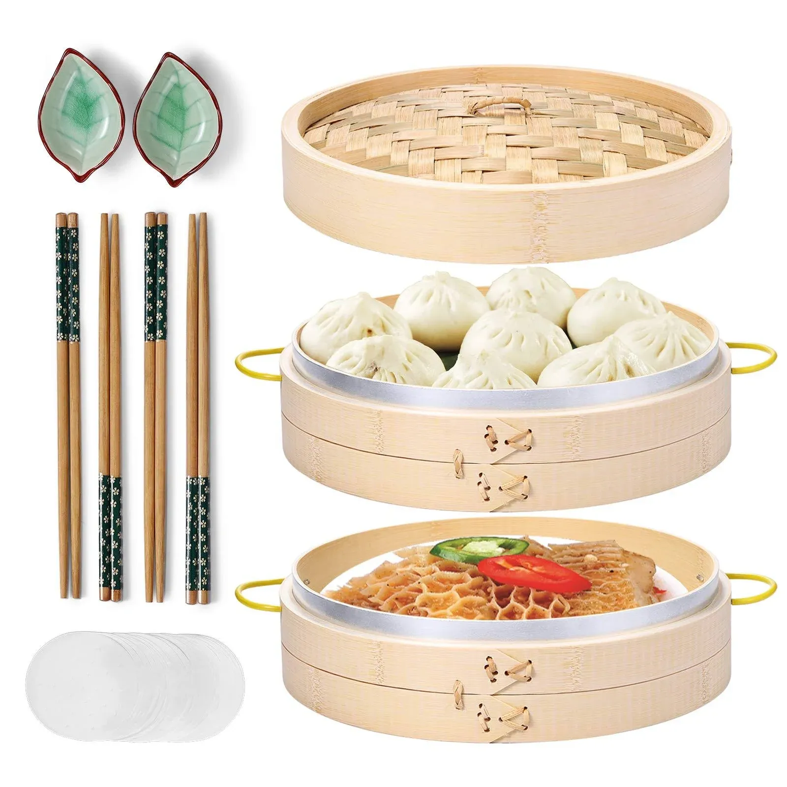 10” MacaRio Bamboo Steamer Basket Set for Buns Seafoods Rice Asian Foods