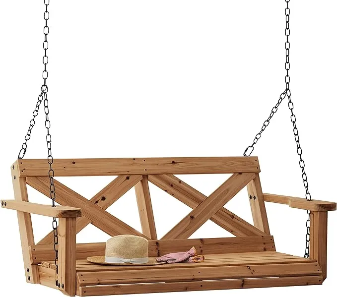 Backyard Discovery Durable Cedar Farmhouse Outdoor Porch Swing with Chain, Water Resistant, Porch, Patio, Two Person Seating, 600 lb Weight Capacity