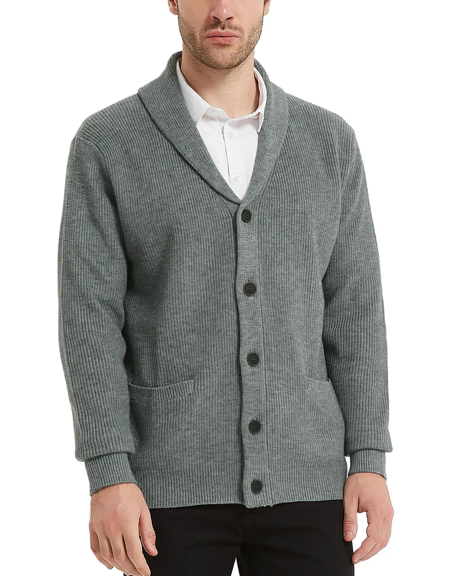 Kallspin Men s Wool Blend Shawl Collar Cardigan Sweater Button Down Knitwear with Pockets(Light Gray X-Large)