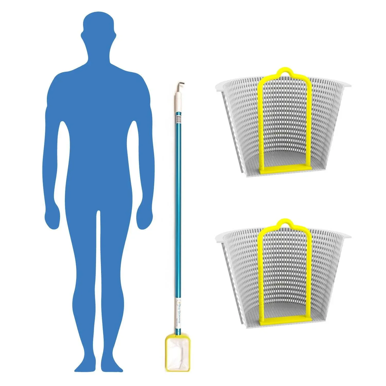 The Skimmie (Long Version) Pool Skimmer Net & Pole 53" with Stainless Steel Hook, Two Skimmer Basket Handles, Fine Mesh Net & Skimmie Dip - Hands-Free Removal of Debris, Bugs, Frogs, Small, Animals