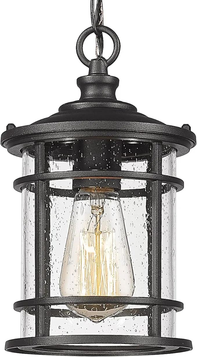 Emliviar Modern Outdoor Pendant Light - Outdoor Hanging Porch Light with Seeded Glass Shade in Black Finish, XE229H-S BK