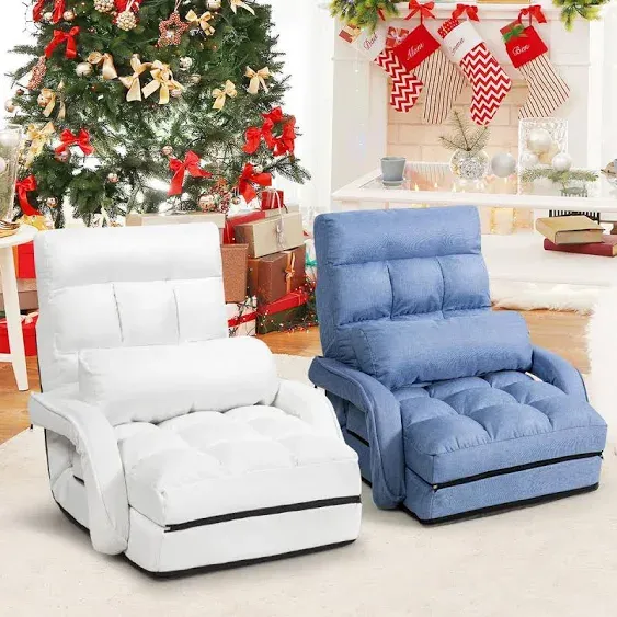 Indoor Chaise Lounge Sofa, Folding Lazy Sofa Floor Chair w/ 5-Position Adjustable Backrest Lumbar Pillow, Lounger Bed with Armrests (White)