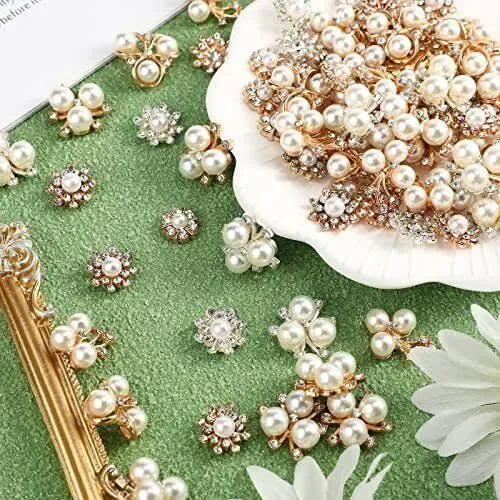 160 Pieces Pearl Rhinestone Buttons Faux Pearl Embellishments Flat Back Rhine...