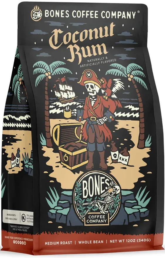 Bones Coffee Company Coconut Rum Flavored Coffee Beans & Ground Coffee| 12 oz ...