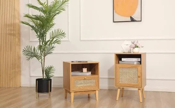 Betterhood Rattan Nightstand with Charging Station, Boho Side Table with Handmade Rattan Decorated Drawer for Bedroom, Living Room