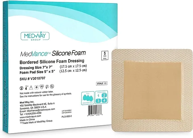 MedVance TM Silicone - Bordered Silicone Adhesive Foam Dressing Size 7"x7" (5"x5" pad), Box of 5 dressings