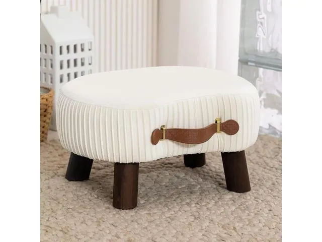 LUE Bona Small Curved Foot Stool with Handle, Beige Velvet Footstool and Ottomans, Modern Foot Rest with Wooden Legs, Step Stool with Padded Seat for