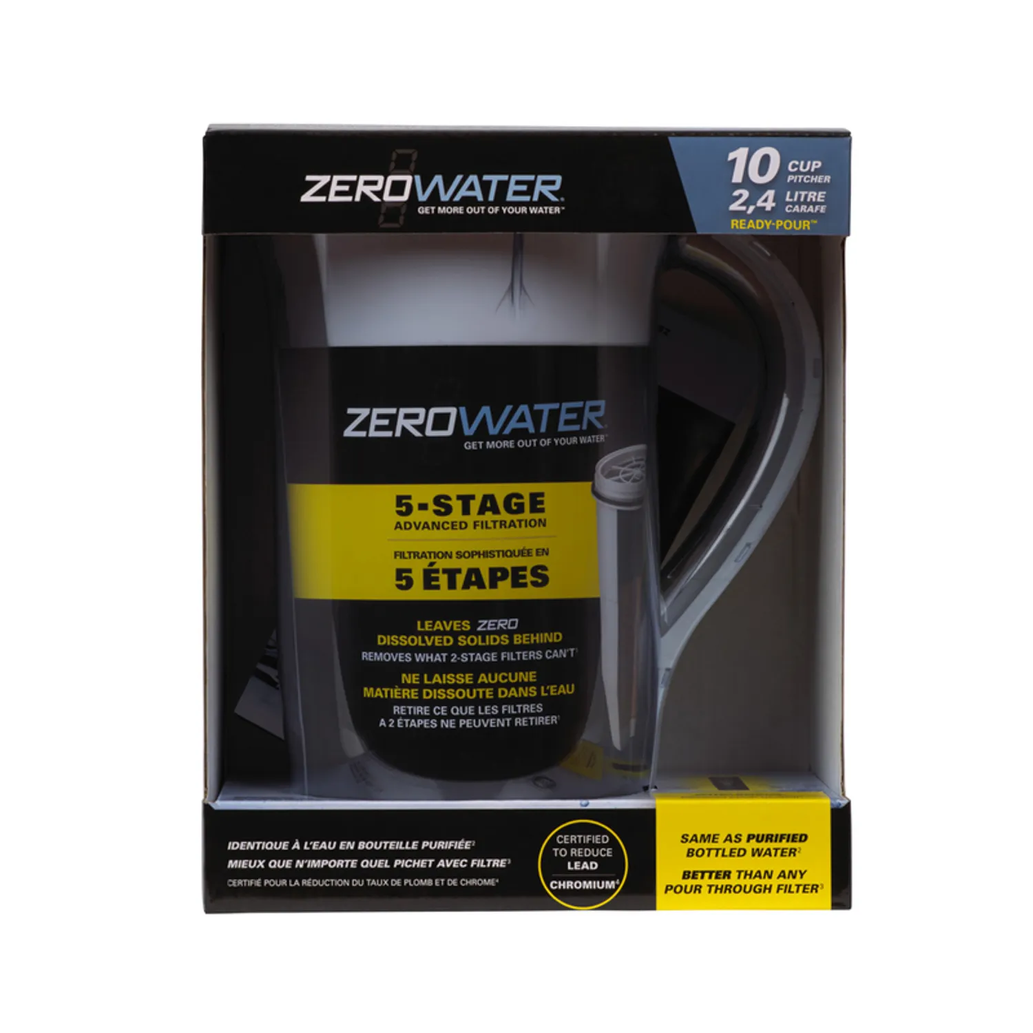 ZeroWater 10-Cup Ready-Pour 5-Stage Water Filter Pitcher 0 TDS for Improved Tap Water Taste - NSF Certified to Reduce Lead, Chromium, and PFOA/PFOS