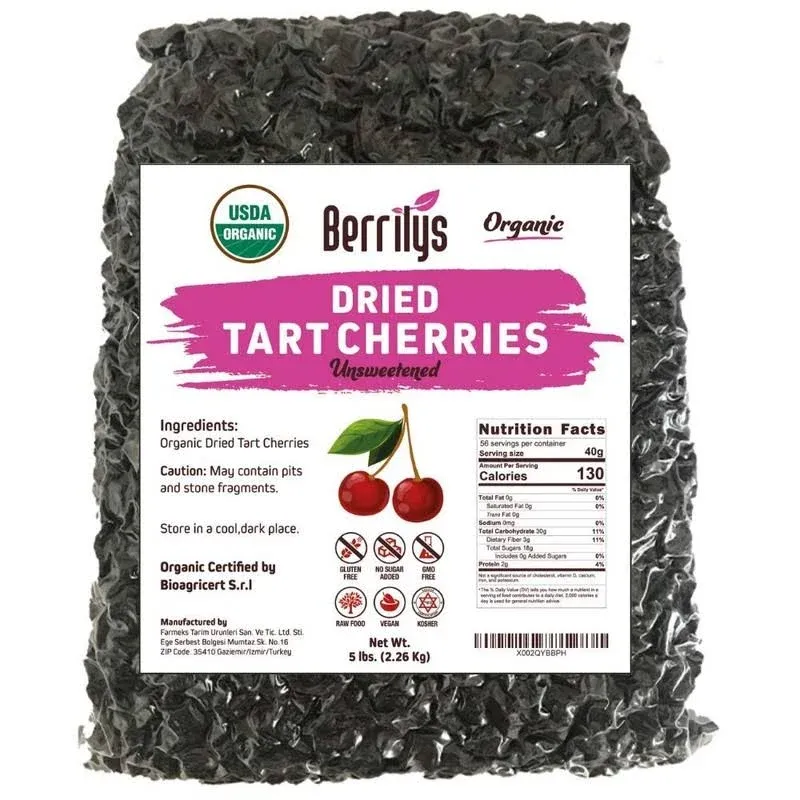  Organic Dried Cherries, Tart, Sour, 5 lbs, Montmorency Cherry, Pitted, Bulk, 