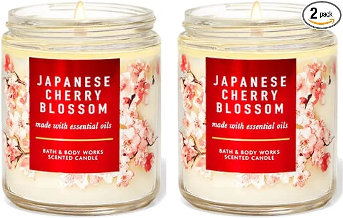 Bath & Body Works Japanese Cherry Blossom Single Wick Scented Candle with Essential Oils 7 oz / 198 g each Pack of 2