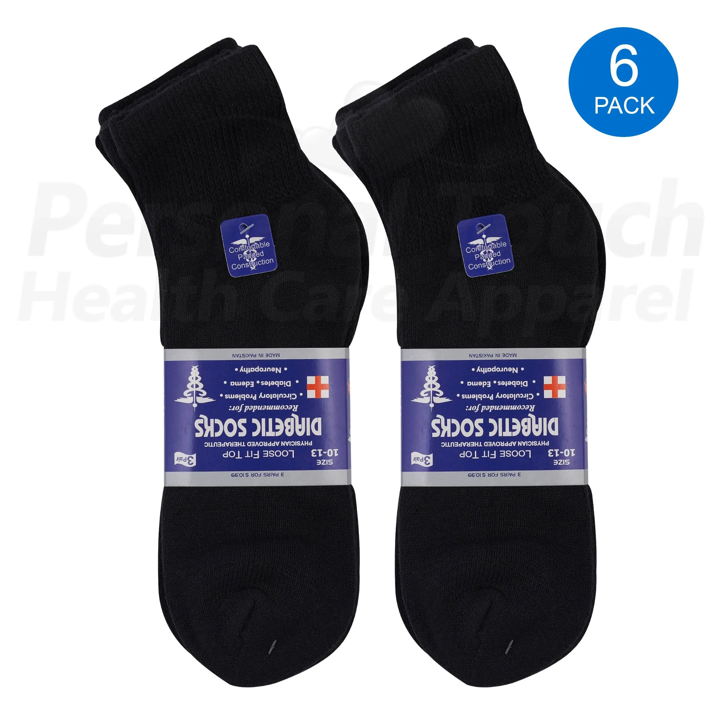 Diabetic Quarter Socks for Men & Women Physicians Approved Socks, 6 Pairs, Size 10-13 (Black)