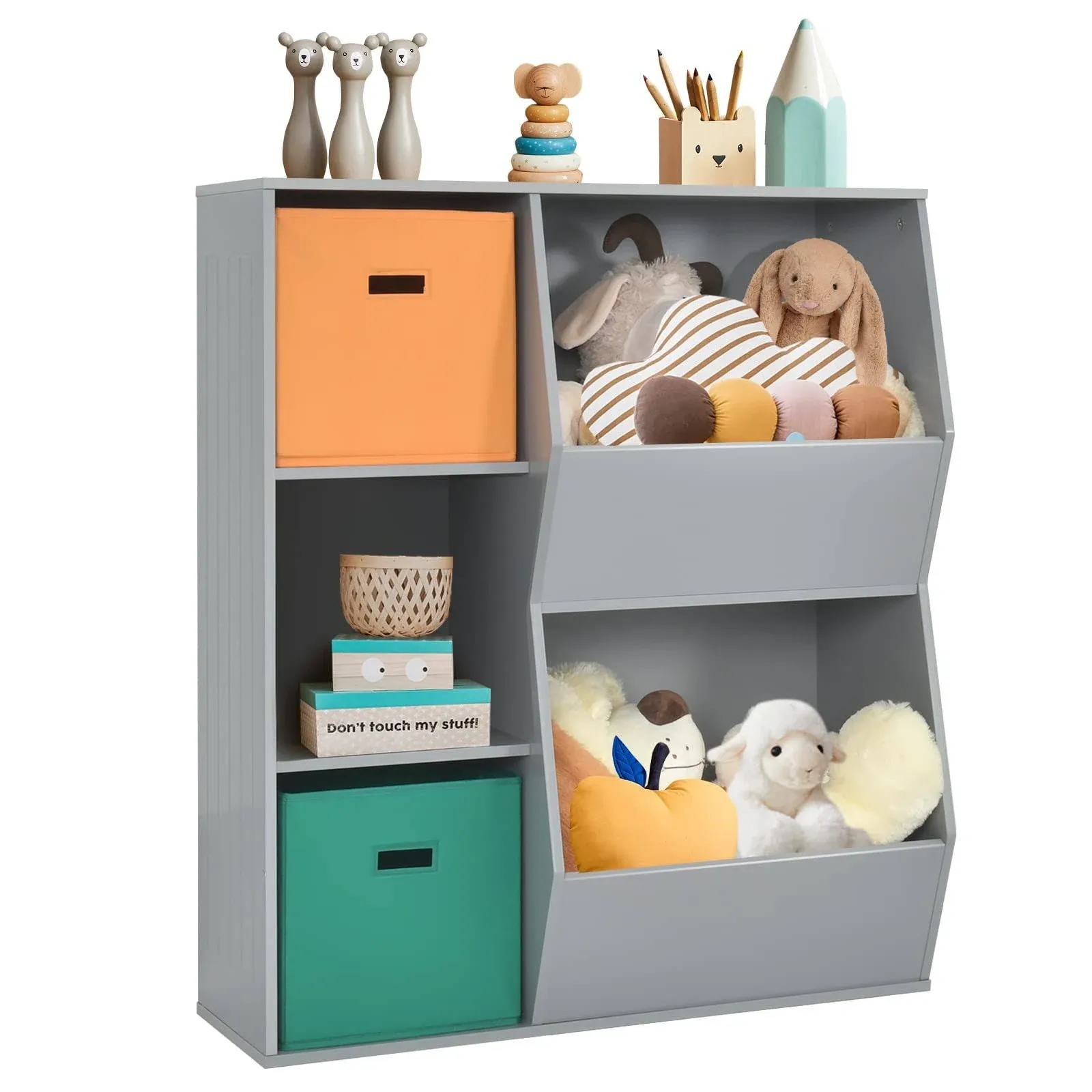 Costzon 5 Cubbies Kids Toy Storage Organizer with Bookcase, Grey