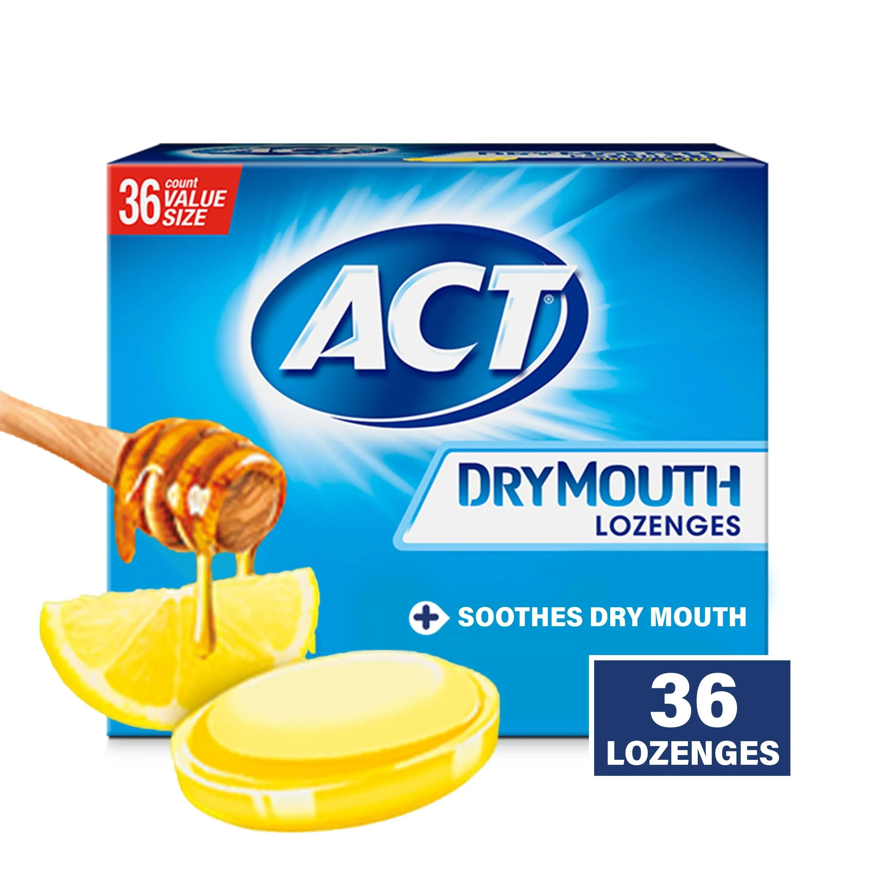 ACT Dry Mouth Lozenges With Xylitol 36-Count Sugar Free Honey-Lemon