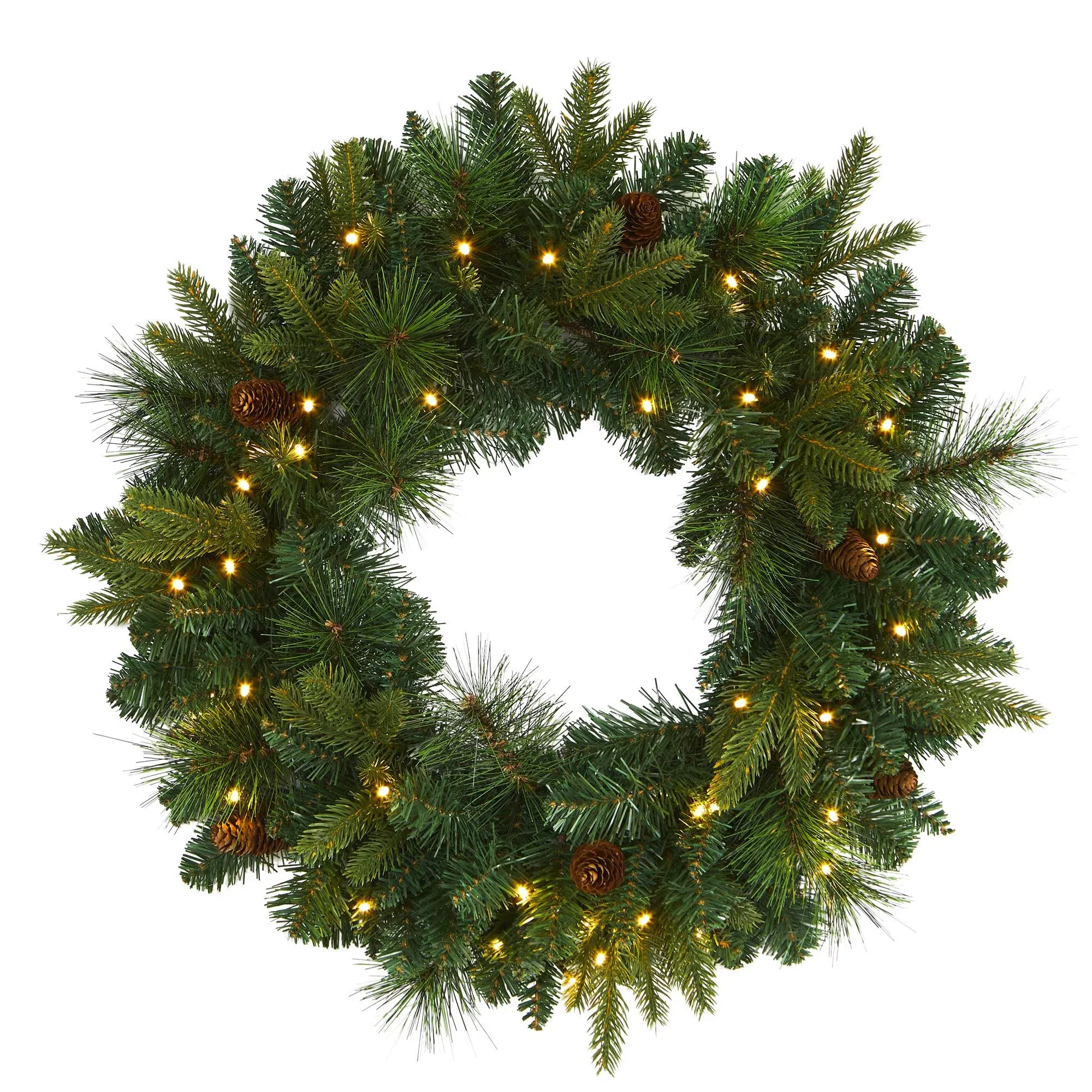 Nearly Natural Mixed Pine Artificial Christmas Wreath with 35 Clear LED Lights and