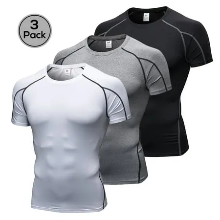 Pack of 3 Men Short Sleeve Compression Shirt Quick Dry Running Fitness Athletic Workout T-Shirt Baselayer Top