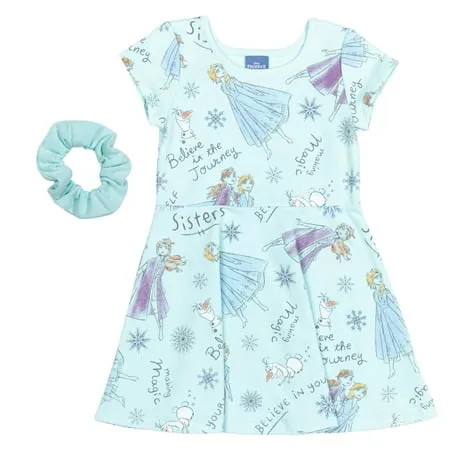 Disney Frozen Elsa Anna Olaf Big Girls Short Sleeve Dress Scrunchy Set Blue 10-12