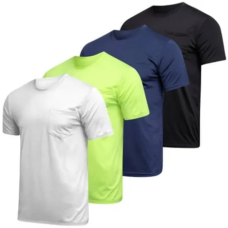 4-Pack: Mens Dry-Fit Moisture Wicking Active Athletic Performance Short Sleeve Crew T-Shirts With Pocket