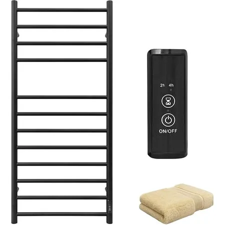 KEG Towel Warmer Wall Mounted with Built-in Timer 12 Bars Electric Stainless Steel Heated Towel Racks for Bathroom, Hot Plug-in Bath Towel Heater Matte Black