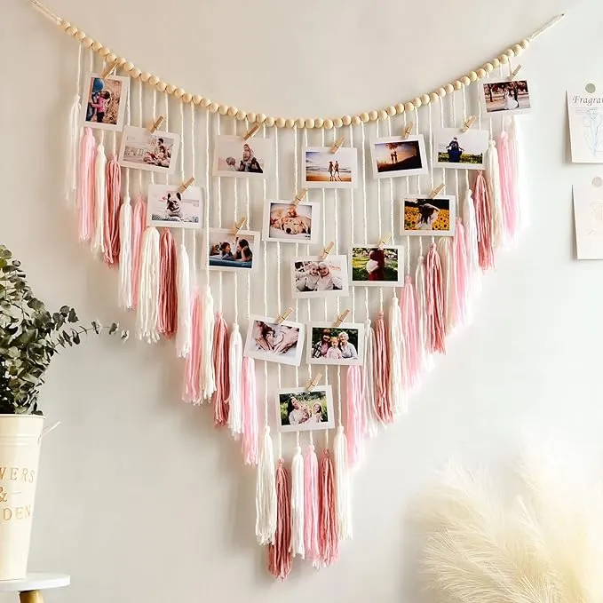 Warm Pink Wall Hanging with Wood Bead Tassel Pendant Decoration, Bohemian Wall Hanging, Bedroom, Living Room, Kitchen Decoration, Girls' Room Decoration, Gifts for WomenWarm Pink Wall Hanging with Wood Bead Tassel Pendant…