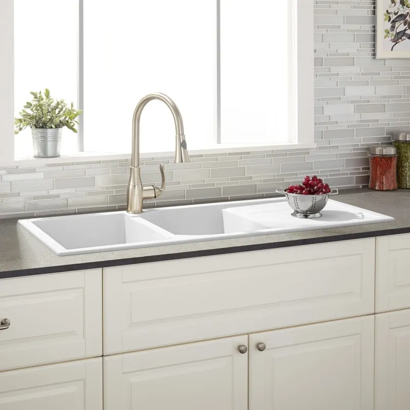 Signature Hardware 937688 Tansi 46" Drop in Double Basin Granite Composite Kitchen Sink with Drain Board Cloud White Sinks Kitchen Sinks Composite