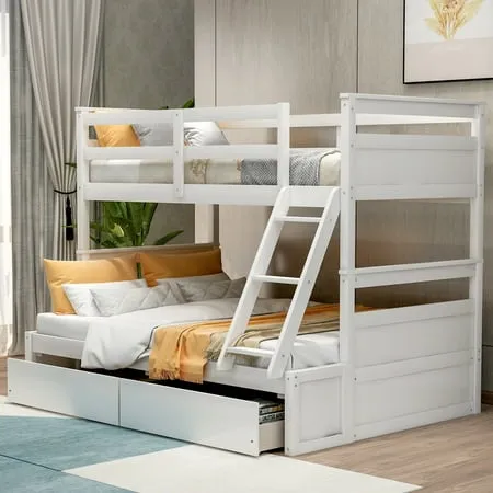 KOMFOTT Wood Bunk Bed with Trundle Twin Over Twin, Solid Pine Wood Bunk Bed Frame with Ladder & Safety Guardrails, Space-Saving Convertible Bunk Bed for Home & Dormitory, No Box Spring Needed