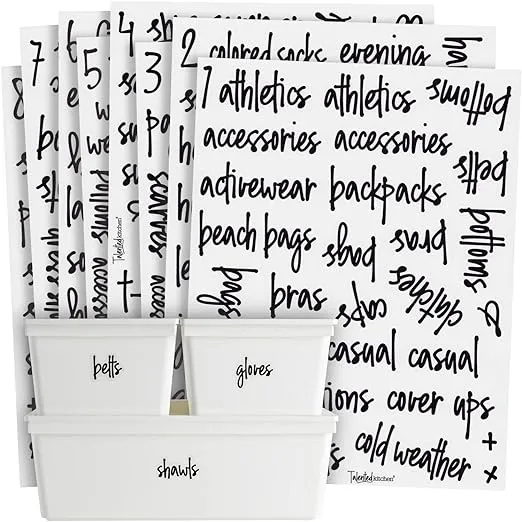 Talented Kitchen 224 Closet Labels for Bins, Baskets, Preprinted Black Script Stickers for Clothing Organization, Storage Containers, Water Resistant