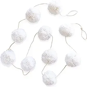 Sageinthyme Yarn Pom Pom Garland | Large Boho Minimalist Home Decor | Farmhouse Mantel Holiday Decoration for Christmas | Neutral Wall Hanging | 2.5 inch White 6ft