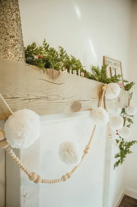 Sageinthyme Yarn Pom Pom Garland | Large Boho Minimalist Home Decor | Farmhouse Mantel Holiday Decoration for Christmas | Neutral Wall Hanging | 2.5 inch White 6ft