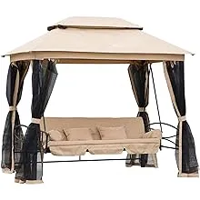 Outsunny 3-Seat Patio Swing Chair, Outdoor Gazebo Swing with Double Tier Canopy, Mesh Sidewalls, Cushioned Seat and Pillows, Beige