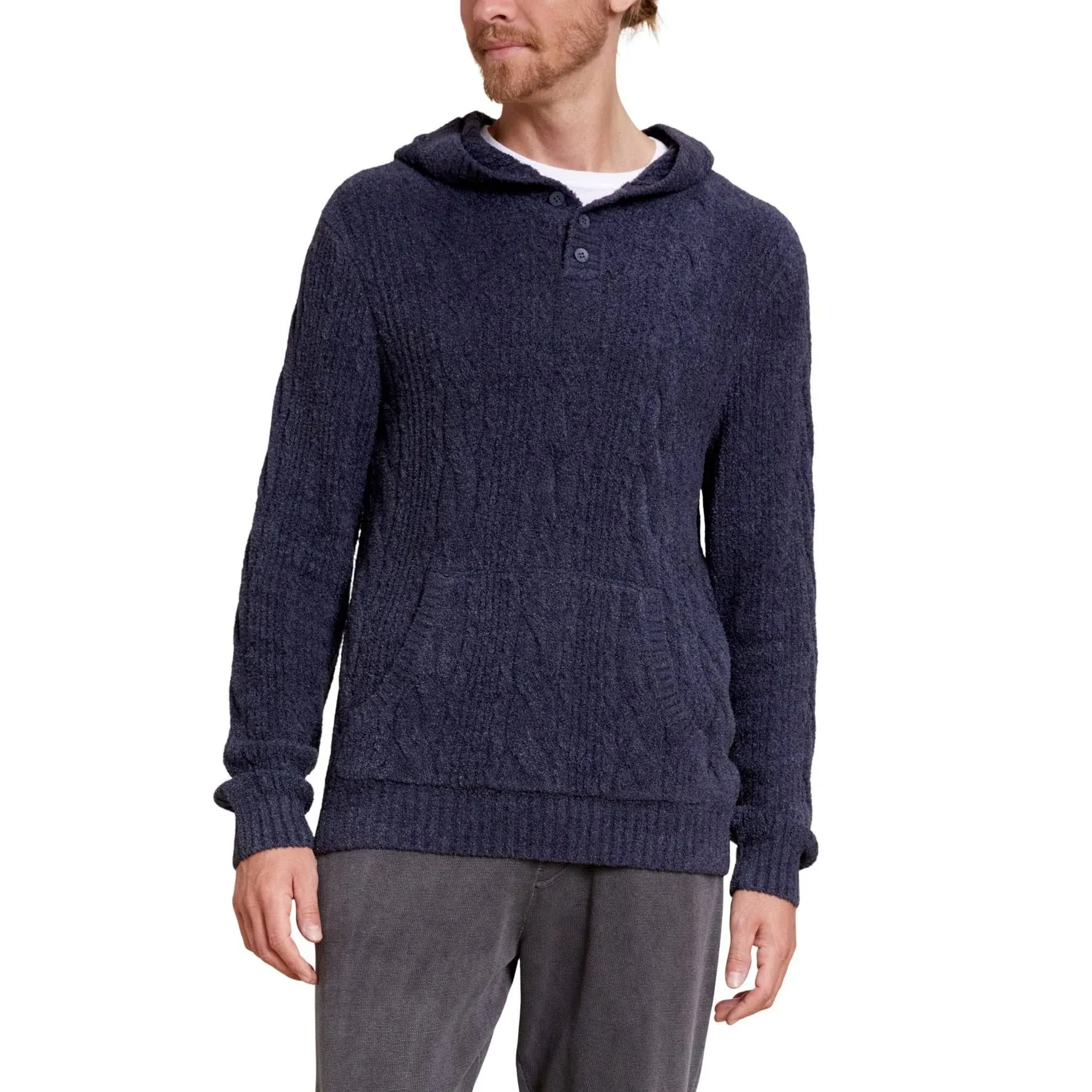 Shop Barefoot Dreams Men's Cable Hooded Henley Shirt In Indigo