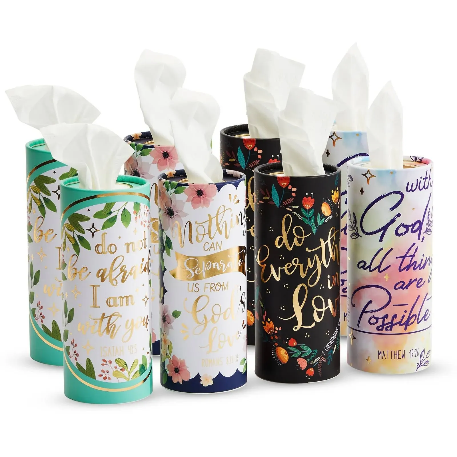 8 Pack Round Tissue Boxes for Car Cup Holder, Travel Size Refill Cylinder, 4 Religious Quote Designs (50 Tissues Per Container)8 Pack Round Tissue Boxes for Car Cup Holder, Travel Size…