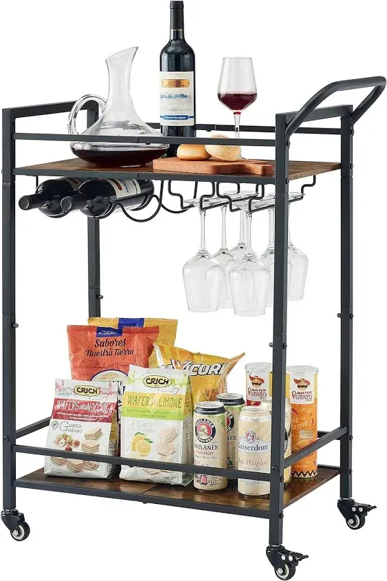 2-Tier Mobile Bar Serving Rolling Cart with Wine Rack and Glass Holder NEW