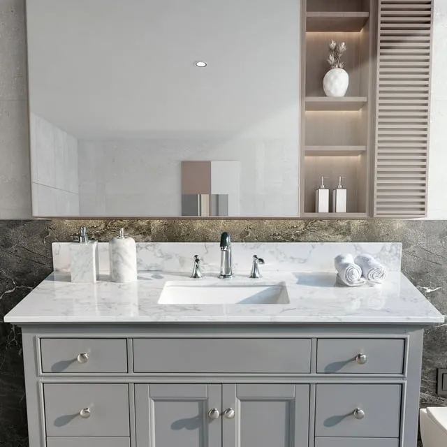 Montary 37" Bathroom Vanity Top Cararra White Engineered Marble Stone 3 Faucet Hole Vanity Top With Undermount Ceramic Sink And Backsplash