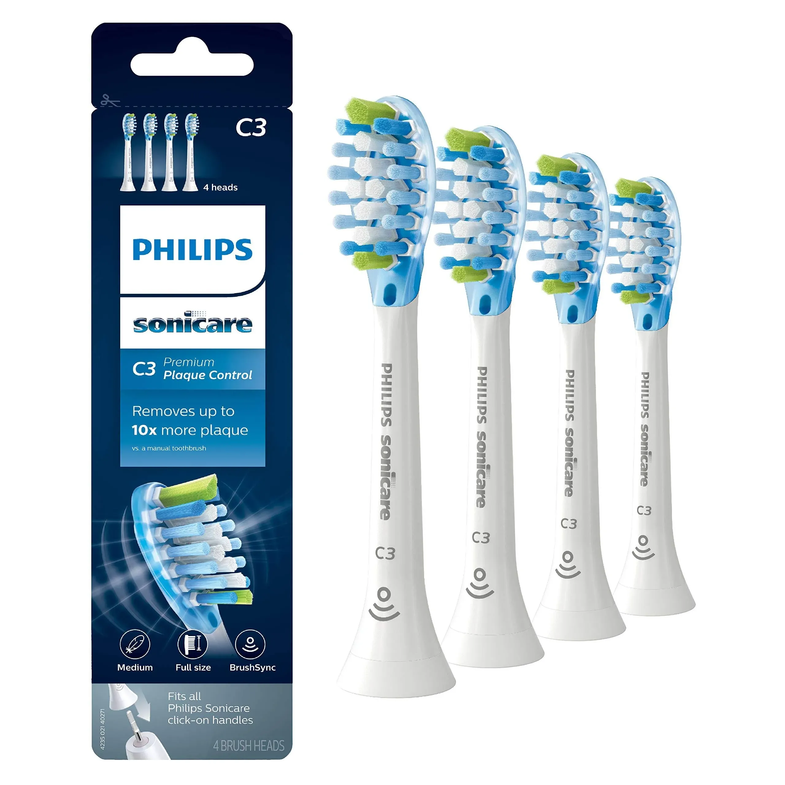 Philips Sonicare Genuine C3 Premium Plaque Control Replacement Toothbrush Heads, 2 Brush Heads, White, HX9042/65