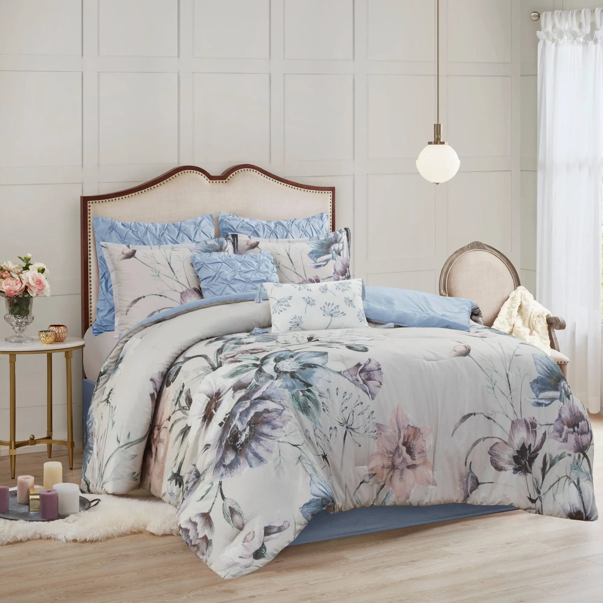 Madison Park Cassandra 100% Cotton Comforter Set - Feminine Design Colorful Floral Print, All Season Down Alternative Bedding Layer And Matching Shams, Queen, Blush 8 Piece