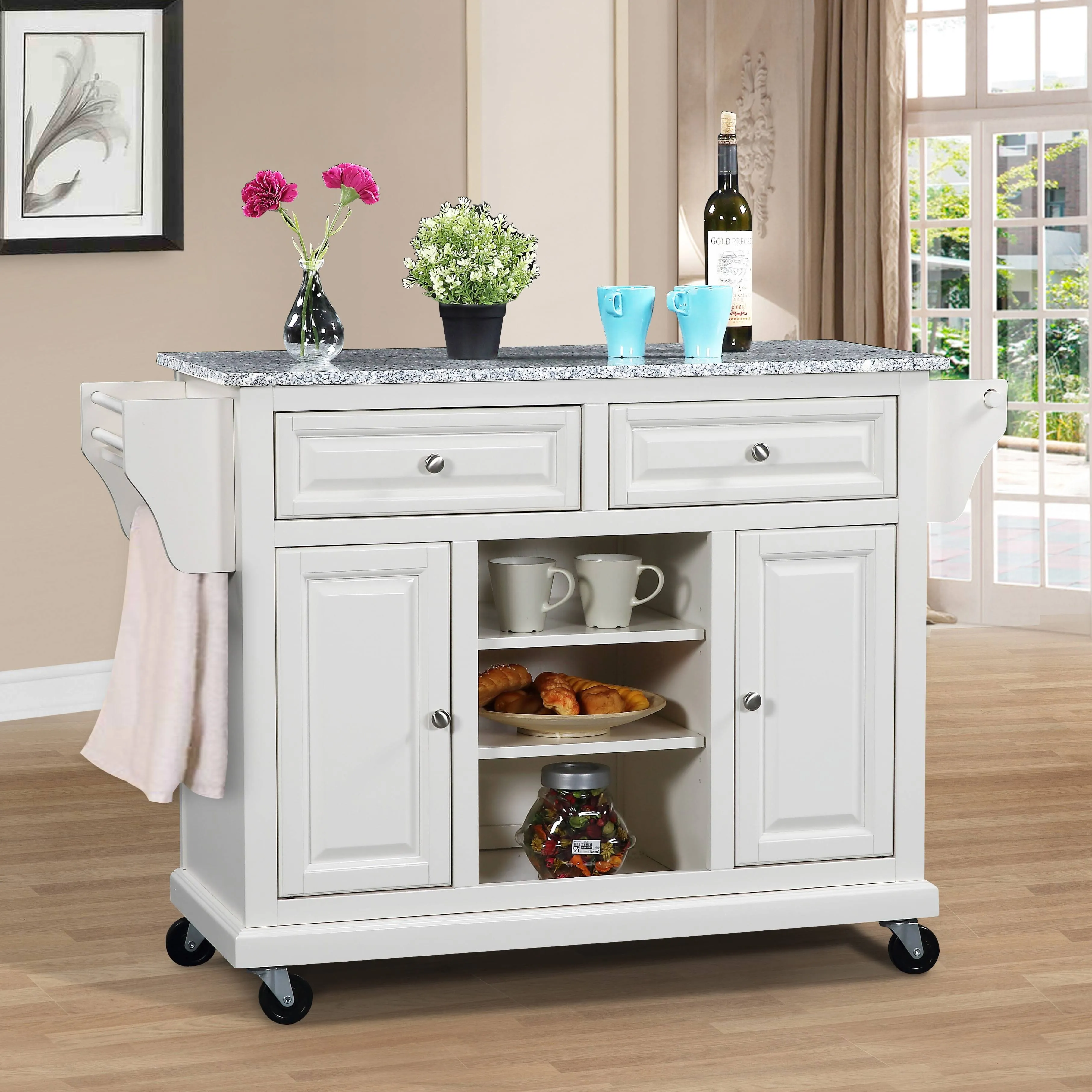 Glenwillow Home Kitchen Cart in Cherry with Black Granite Top